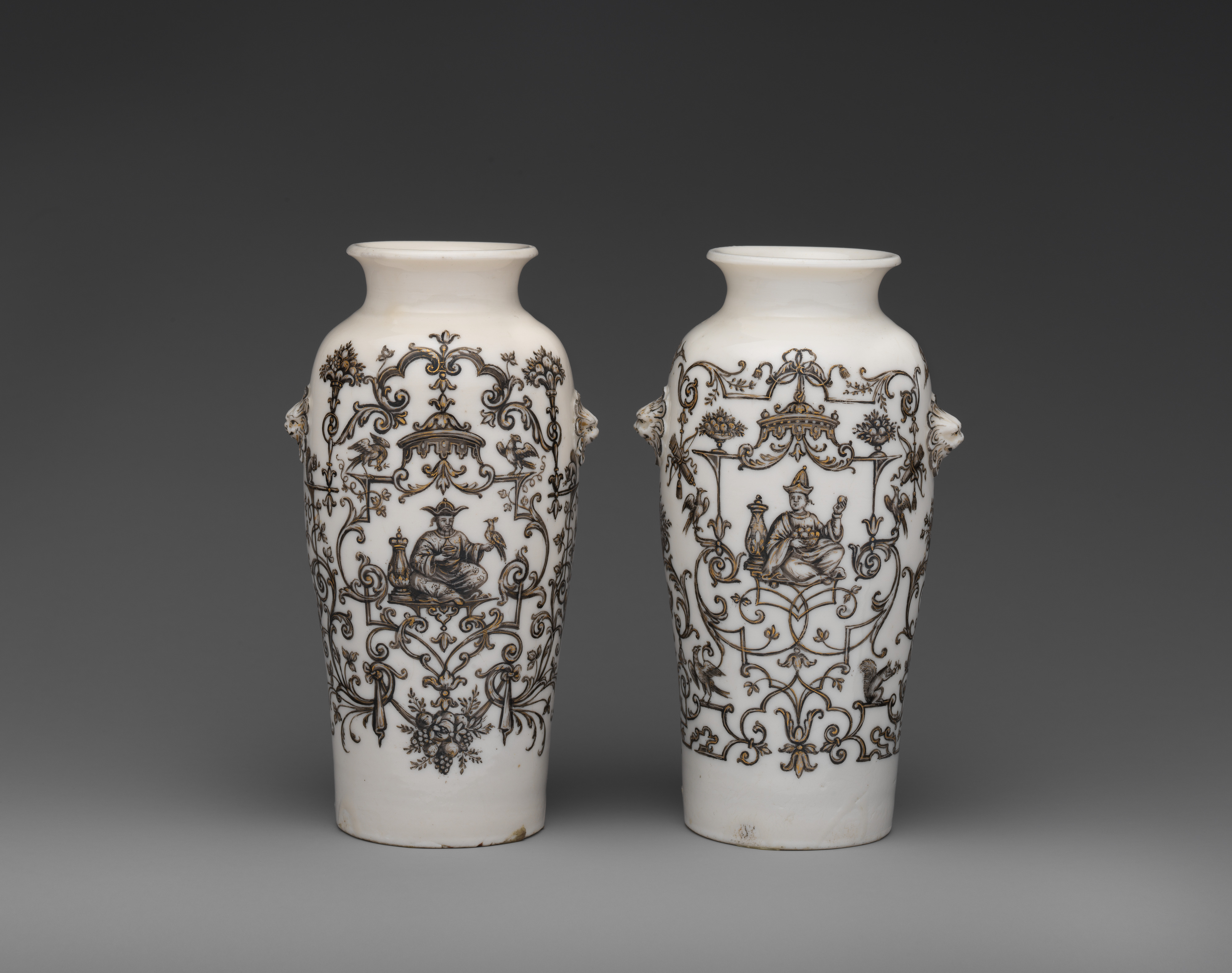 Pair of Dehua white porcelain vases with European-applied decoration, white-glazed porcelain, c. 1725–1730 European decoration. The Metropolitan Museum of Art, 50.211.27,.28. Blanc de Chine