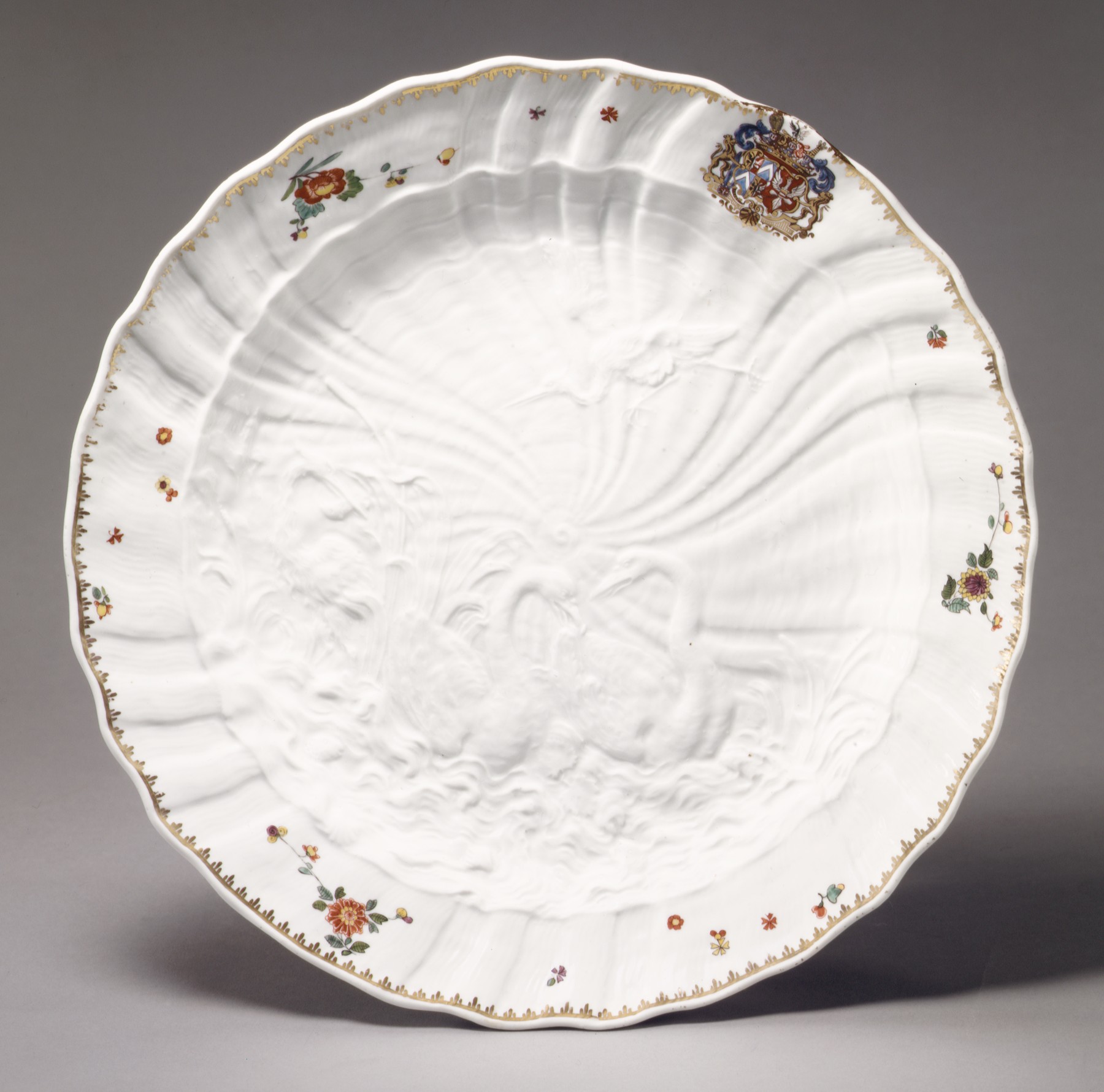 Meissen Swan Service dish, hard-paste porcelain with moulded swan motifs and coat of arms, circa 1738, The Metropolitan Museum of Art Blanc de Chine brand benchmarking