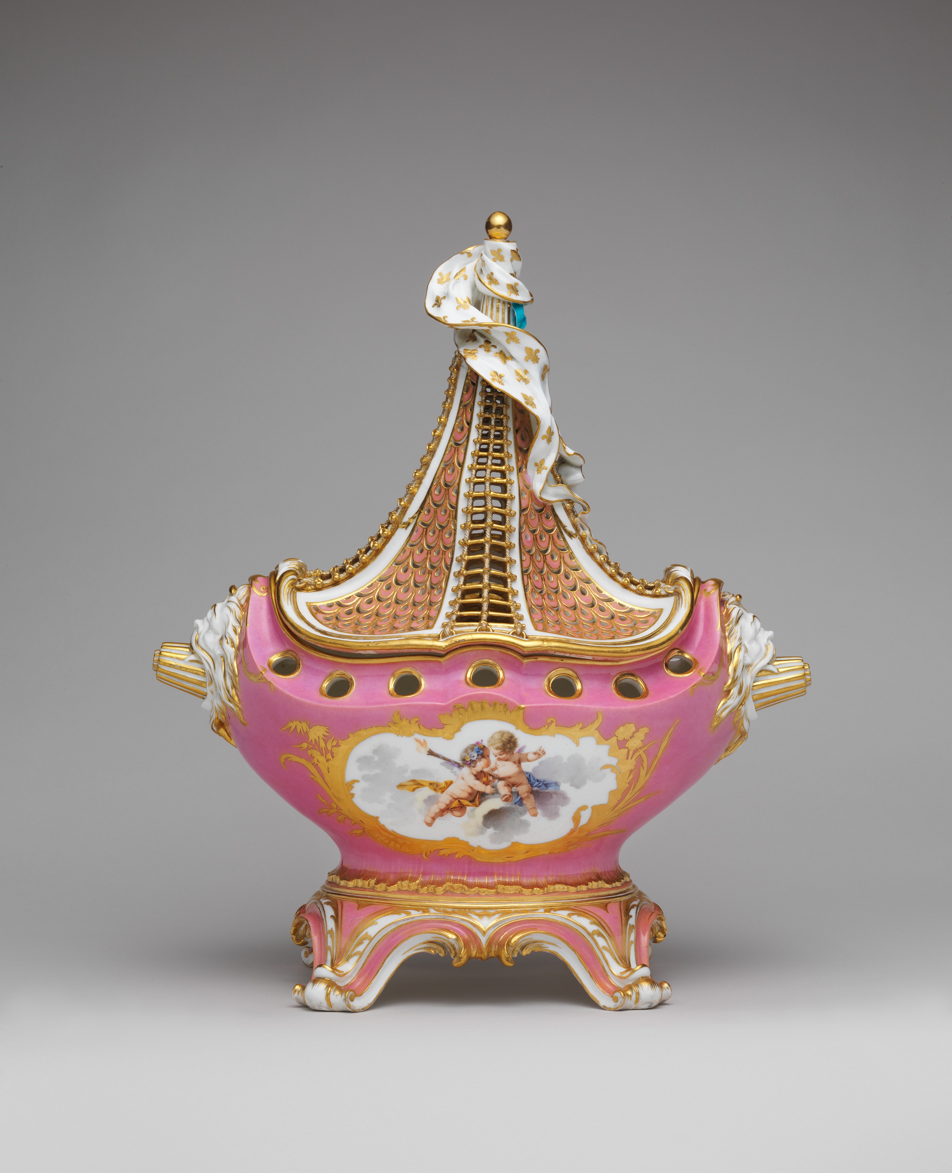 Sèvres potpourri vase (pot-pourri à vaisseau), soft-paste porcelain with rose Pompadour ground, gilt bronze, designed by Jean-Claude Duplessis, 1758, The Metropolitan Museum of Art Blanc de Chine brand benchmarking