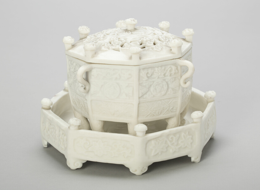 Octagonal Covered Censer and Stand, Dehua ware (blanc de chine); porcelain, Qing dynasty (1644–1911), H. 10.9 cm, Art Institute of Chicago, 1924.395a-c, Blanc de Chine