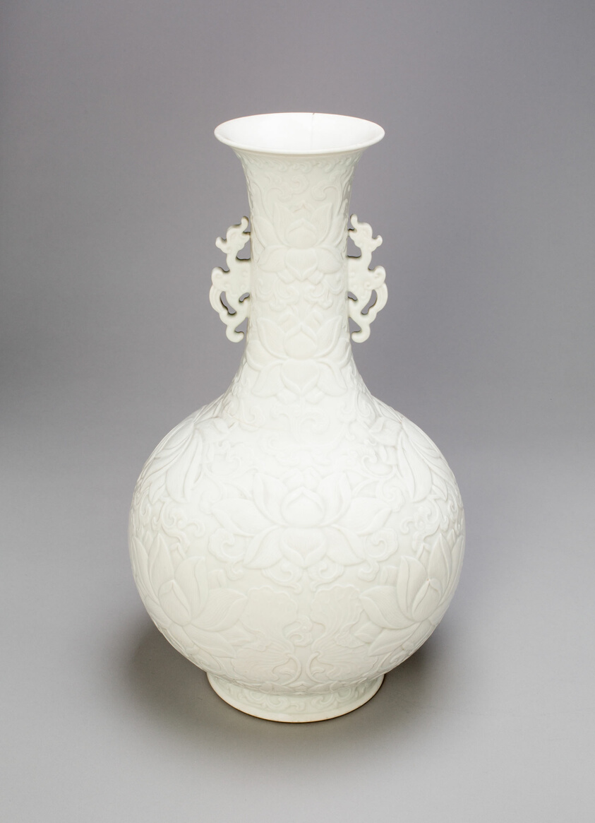 Bottle-Shaped Vase with Dragon Handles and Lotus Flowers, Dehua ware (blanc de chine); porcelain with underglaze molded decoration, Ming or Qing dynasty, late 17th–18th century, H. 32.5 cm, Art Institute of Chicago, 1924.380, Blanc de Chine