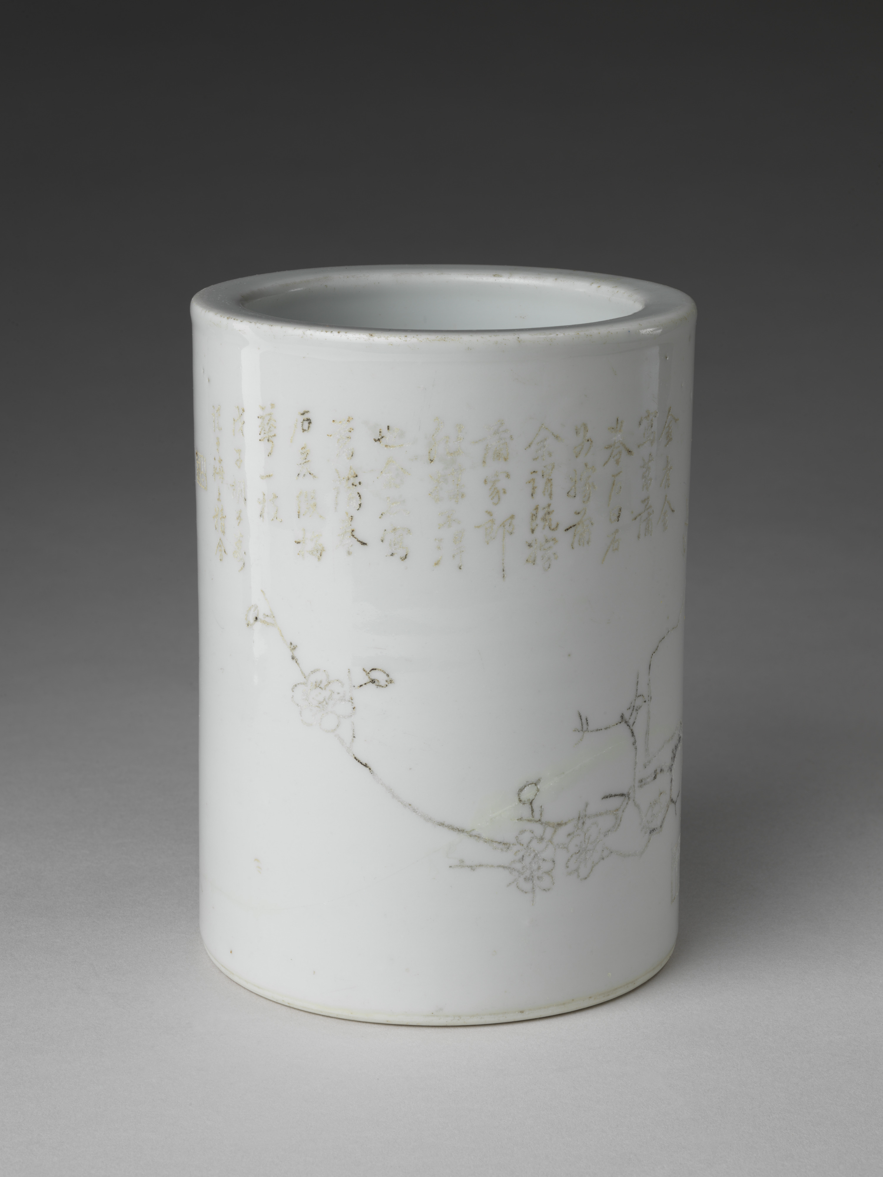 Brush Holder, Porcelain painted with ink over a white glaze (Dehua ware), Dated 1908, H. 14.9 cm, The Metropolitan Museum of Art, 2012.527.3, Blanc de Chine