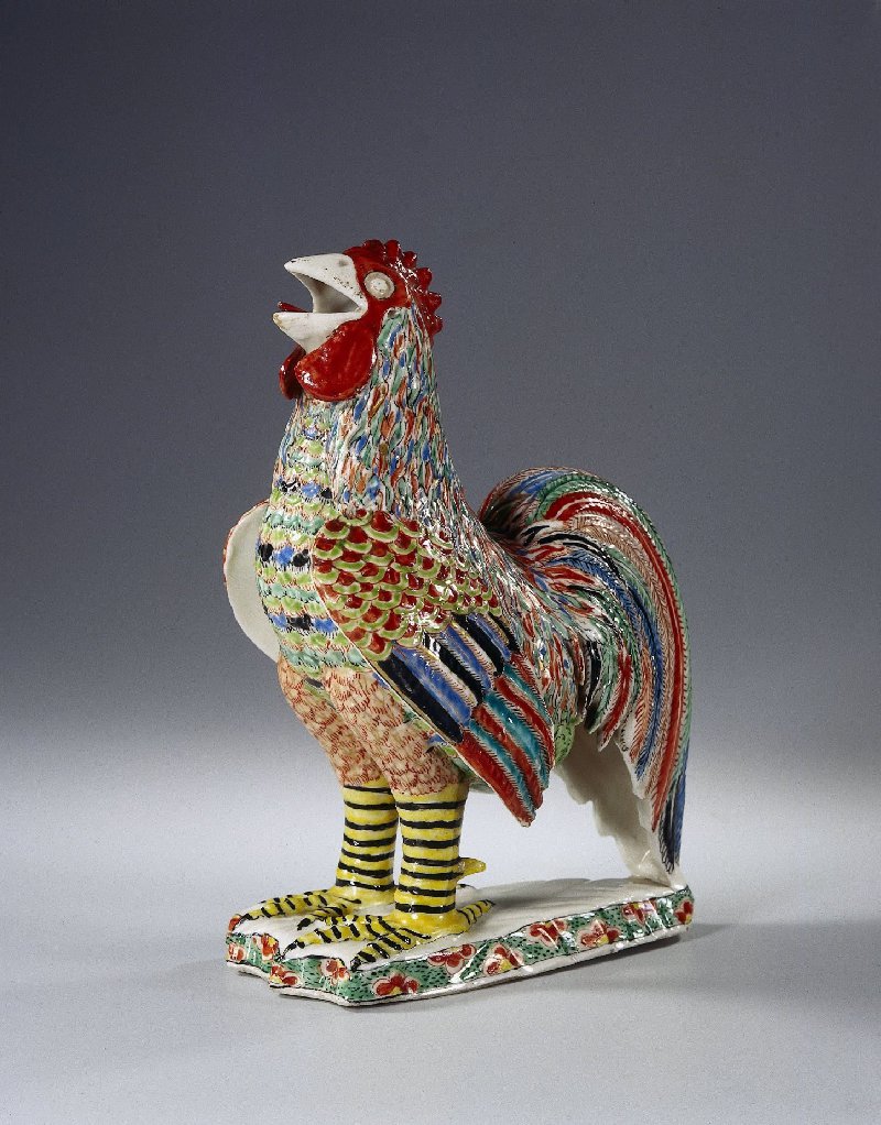 Figure of a crowing cock, Porcelain, enamel colours, gilding, c. 1675–1724 (Qing, Kangxi), H. 18 cm, Rijksmuseum, AK-NM-6519, Blanc de Chine